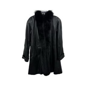 Vintage J. Percy for Marvin Richards Black Leather Coat Fur Trim Long USA Small